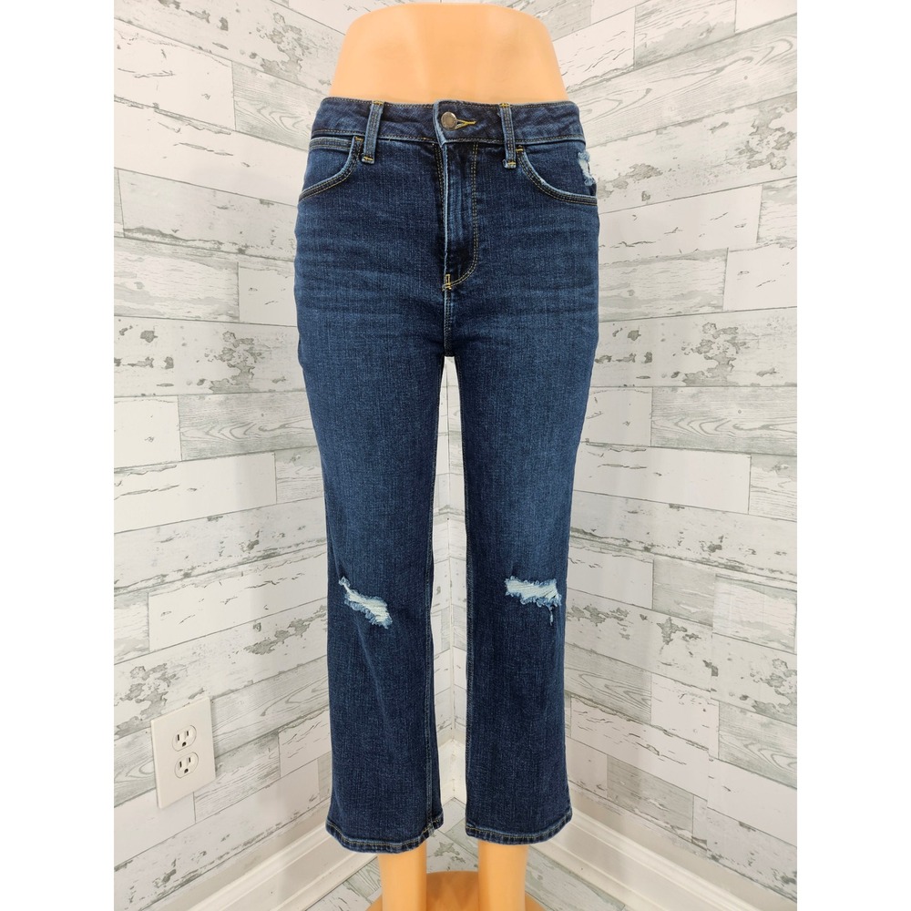 Wrangler Womens High Rise True Straight Crop Distressed Jeans Dark Wash Size 4